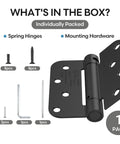 Self Closing 4 Inch Spring Loaded Door Hinge With Adjustable Tension Five Eighths Radius Corners Fits Front Or Back Doors Left Or Right Hand UL Listed Gloss Black with mounting hardware.