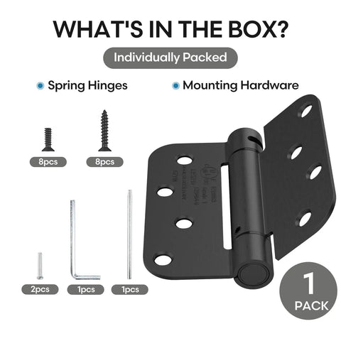 Self Closing 4 Inch Spring Loaded Door Hinge With Adjustable Tension Five Eighths Radius Corners Fits Front Or Back Doors Left Or Right Hand UL Listed Gloss Black with mounting hardware.