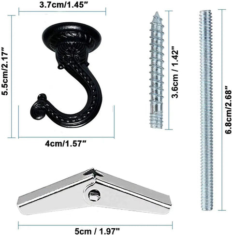 Heavy Duty Swag Ceiling Hooks With Hardware For Hanging Plants Chandeliers Wind Chimes And Ornaments, 55mm And 2.17 Inches Metal Ceiling Hooks, Includes Screws And Toggles, Black Finish, Easy Install, Two Pack, showing hook and hardware.