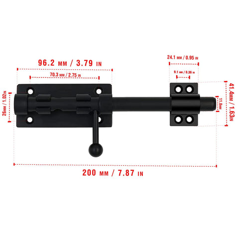 Kickass Heavy Duty Slide Bolt Gate Latch, Solid Stainless Steel Security Bolt Locks For Fences Backyards Garage Doors Cupboards And Windows, 7.8 Inch Black Double Pack, detailed view with dimensions.
