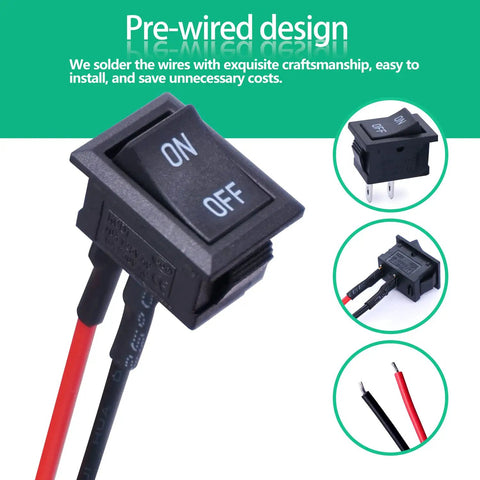 Five Pack Rocker Switches SPST On Off 2 Pins 2 Position 6A 250V And 10A At 125V with pre soldered wires close-up