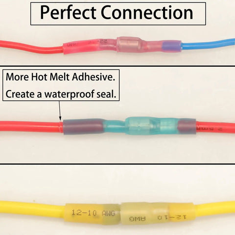 130Pcs Heat Shrink Bullet Wire Connectors Kit Waterproof Marine Grade Terminals showing hot melt adhesive and waterproof seal