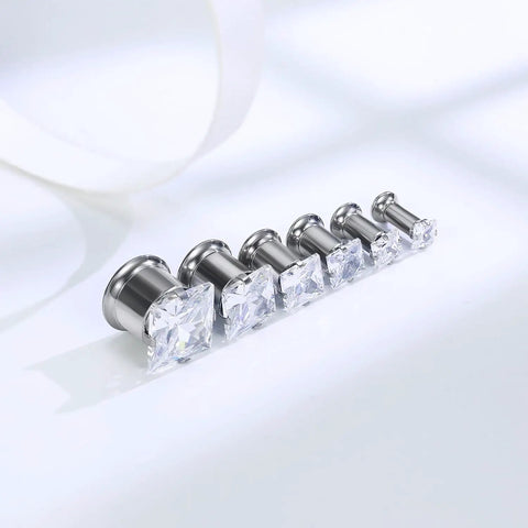 0G Ear Gauges Square CZ Titanium ASTM F136 Screw In Tunnels Plugs For Ears 8mm Body Piercing Jewelry Set on white surface.