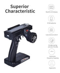 GT3B 3 Channel RC Transmitter side view with features including backlit LCD display for RC cars, trucks, crawlers, and boats