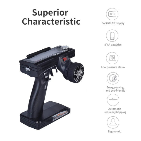 GT3B 3 Channel RC Transmitter side view with features including backlit LCD display for RC cars, trucks, crawlers, and boats