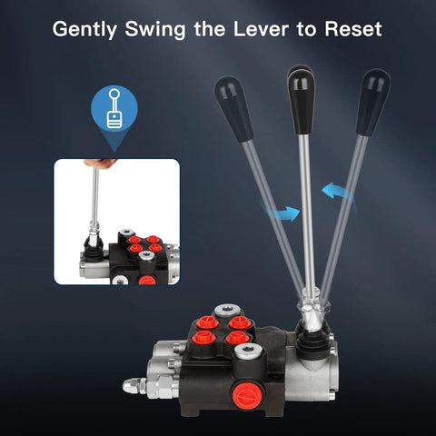 2 Spool Hydraulic Flow Control Valve 21 GPM Directional Valve With Adjustable Joystick for Double Acting Tractors Loaders Tanks and Log Splitters, front view with multiple levers.