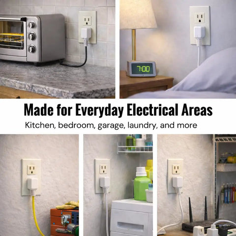 Nine Pack Heat Activated Fire Suppression Patches installed in outlets of kitchen, bedroom, and garage for safety.