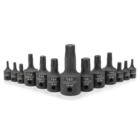 Heavy Duty Impact Torx Socket Set For Auto And Motorcycle Work Quarter Inch Three Eighths Inch And Half Inch Drives Six Point Star Sockets T10 Through T60 Chrome Molybdenum Construction Built Tough For Pros arranged in a row