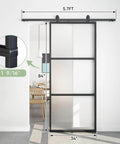 34x84 Inch Frosted Glass Barn Door With Black Carbon Steel Frame Top Mounted Hardware Kit No Fuss Soft Close Tempered Glass Sliding Door For Privacy Easy Assembly For Bathroom Laundry Kitchen Or Living Room, shown installed in a living space with dimensions labeled