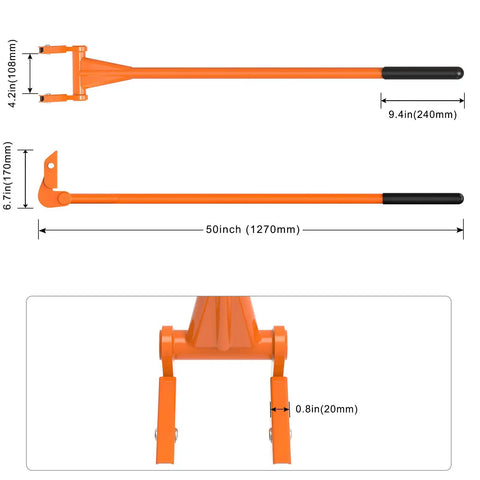Heavy Duty Pallet Buster Tool With One Piece 3mm Thick Handle 50 Inch Deck Board Removal Tool Full Welded Pallet Breaker With Pivoting Head Pries Up Pallets And Deck Boards Up To 250 Lbs showing dimensions