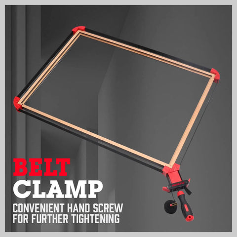 13 Ft Belt Band Clamp For Woodworking Quick Release Frame Clamp with 90 degree corner pieces shown in action