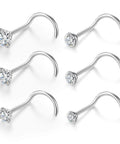 Premium Titanium Corkscrew Nose Studs With Cubic Zirconia Tops, 20g hypoallergenic nose ring set displayed in a six pack.