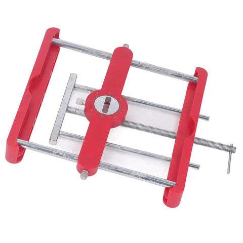 Self Centering Mortise Tenon Jig Kit Delivers Dead On Alignment And Quick Setup For Rock Solid Woodworking Projects, red and steel, flat mounting.
