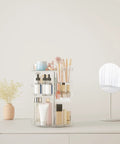 Clear Acrylic Rotating Makeup Organizer With Eight Adjustable Trays And A Smooth 360 Spin Base To Keep Your Daily Skincare Stash Neat As Pin on vanity with skincare products.