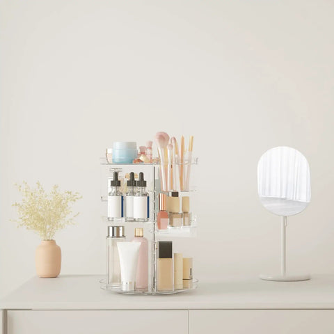 Clear Acrylic Rotating Makeup Organizer With Eight Adjustable Trays And A Smooth 360 Spin Base To Keep Your Daily Skincare Stash Neat As Pin on vanity with skincare products.