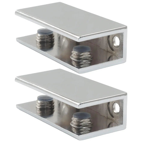 Two Pack Heavy Duty Glass Shelf Brackets With Adjustable Clamp Clips For 10 To 12mm Glass, Square Wall Mounts, Sturdy Zinc Alloy Construction