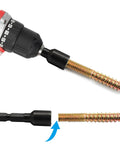 Top Shelf Double Headed Hanger Bolt Driver Bit 1/4 Inch To 20 Thread Forged From Heavy Duty Carbon Steel For Power Drills With Hex Shank in use with drill and screw.