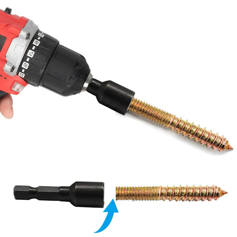Top Shelf Double Headed Hanger Bolt Driver Bit 1/4 Inch To 20 Thread Forged From Heavy Duty Carbon Steel For Power Drills With Hex Shank in use with drill and screw.