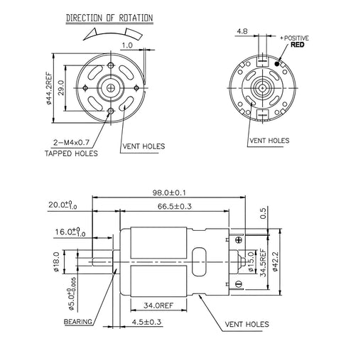 Technical drawing of a 12-24V DC motor for Mini Table Drill Kit With 12-24V DC Motor, 10000-20000 RPM showing dimensions and features
