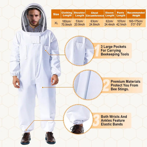 Bee suit from 10 Frame Beehive Starter Kit With Beeswax Dipped Frames And Deep Brood Box Includes Unassembled Frames Foundation Sheets Beekeeping Tools And Bee Suit For Newbie Beekeepers, showing features and size details.