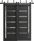 Ready To Roll Modern Interior Barn Door Sliding System With Sleek Frosted Glass Panels and heavy duty black hardware.