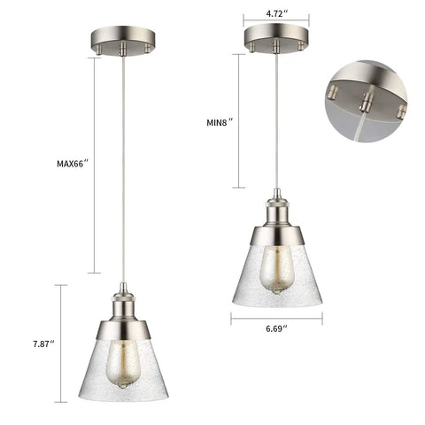 Dope Handblown Seeded Glass Pendant Light With Brushed Nickel Finish One Light Industrial Mini Pendant For Kitchen Island Or Café Bar Adjustable Hanging Fixture For Sloped Ceilings shown in dimensions.