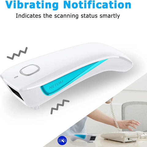 White Pocket Sized Wireless Barcode Scanner Bluetooth 1D 2D Reader For POS with blue accent and vibrating notification feature.