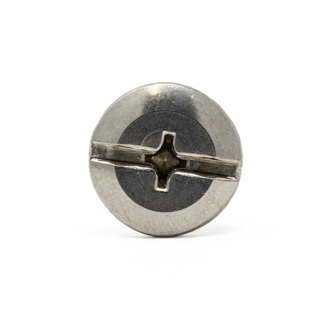 Close-up view of Phillips flat combo head of Top Shelf 18 8 Stainless Steel Hurricane Sidewalk Bolts One Inch Long.