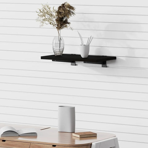 8 Pack Wood Slatwall Shelves With Heavy Duty Metal Brackets for home organization, shown wall-mounted, supporting vase and decor items.
