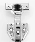Front view of stainless steel cabinet door hinge with hydraulic damper for smooth soft close wardrobe doors, concealed design.