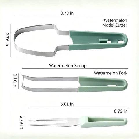 3 In 1 Stainless Steel Watermelon Slicer Set With Melon Scooper And Rounded Edge Fruit Fork, Portable Multifunction Fruit Prep Tool