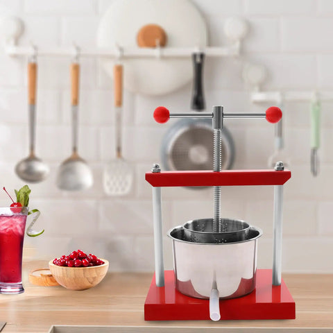 Heavy Duty T Handle Fruit Wine Press With Dual Stainless Steel Barrels, straight up rock solid manual grape press on kitchen counter.