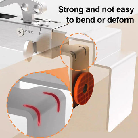 Close-up of Heavy Duty Adjustable Drawer Clamp With One Touch Quick Release, showing durable metal edge grip and red alignment tool.