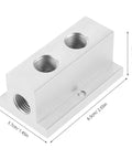 T-Type Pneumatic Air Distribution Block, 2-Position 4-Port Compact Gas Manifold in silver aluminum, shown with dimensions