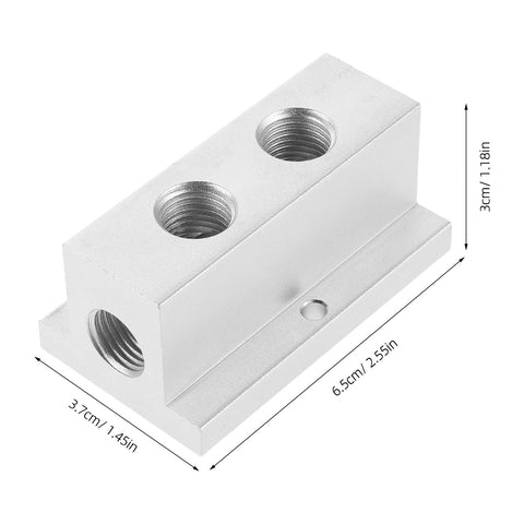 T-Type Pneumatic Air Distribution Block, 2-Position 4-Port Compact Gas Manifold in silver aluminum, shown with dimensions