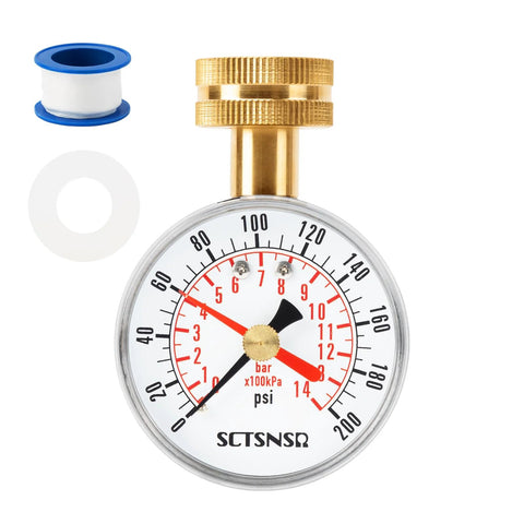 Front view: SCTSNSR gauge, 2.5 in dial, 0–200 psi, 3/4 in hose thread, brass stem, black steel case