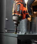 Power drill using All In One Flip Socket Set With Magnetic One Fourth Inch Bit Holder And Five Sixteenth Inch Hex, Two Inch Impact Shaft.