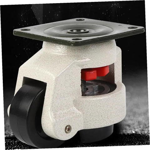 Heavy Duty Swivel Casters With Adjustable Leveling Feet And Smooth Rolling Steel Plate Wheels Designed For Industrial Workbenches Or Home Furniture Quick Hookup Included In This Four Pack Set showing a close-up view of a caster with a 360-degree swivel design.
