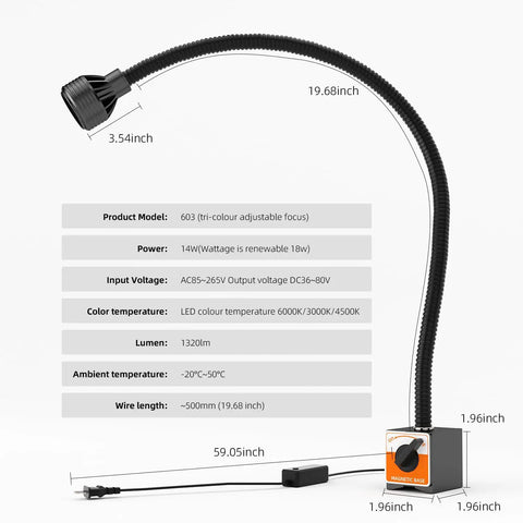 Heavy Duty Magnetic Work Light With Flexible Gooseneck And Adjustable Focus Pumping 1320 Lumens with controls and specifications.