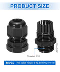 10 Pack G1/2 Inch Cable Glands Adjustable 6 to 12.5 Millimeters PA6 Nylon IP68 Waterproof Connectors With Seals Corrosion Resistant For Industrial Outdoor Electrical Systems Black, shown with product dimensions