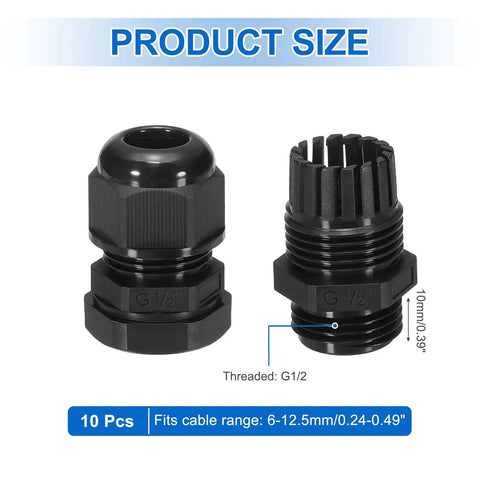 10 Pack G1/2 Inch Cable Glands Adjustable 6 to 12.5 Millimeters PA6 Nylon IP68 Waterproof Connectors With Seals Corrosion Resistant For Industrial Outdoor Electrical Systems Black, shown with product dimensions