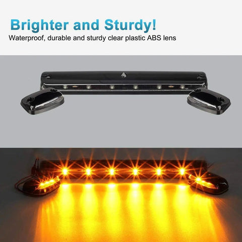 Clear Lens Cab Roof Marker Lights With 12 LED Amber Top Assembly displaying brightness for Silverado and Sierra trucks