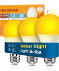 Three Amber A19 Light Bulbs 9W 60W Equivalent Soft Warm 1800K Dimmable with packaging visible, focusing on blue light blocking.