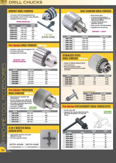 Catalog page showing various drill chucks and accessories with specifications and images for milling and lathe use.