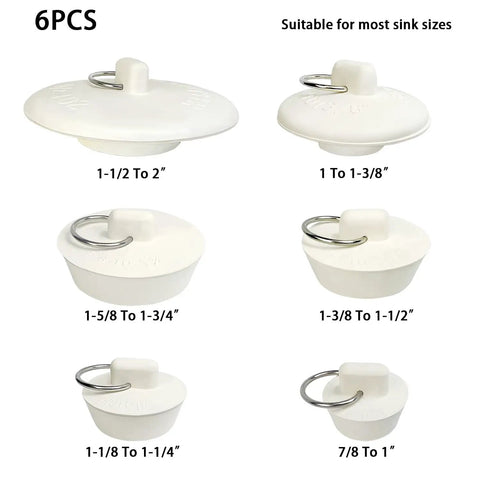 Six Slick Rubber Sink Drain Plug With Quick Pull Grip Ring Brings Six Breezy Universal Sizes to Fit kitchen bathroom bathtub.