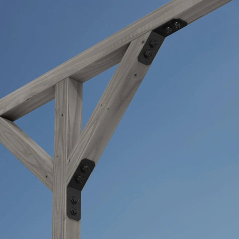 ZMAX Black Powder Coated Knee Brace Connector For 4X Lumber Outdoor Accents Avant Collection installed on pergola