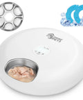 Set It And Forget It Automatic Wet Food Feeder For Cats With Rust Proof Stainless Steel Tray showing programmable dish with food.