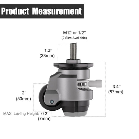 Beefy Heavy Duty Stem Leveling Casters Set Of 4 With 2200 Lb Load Capacity, detailed measurements and adjustable height features.