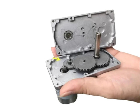 Badass 555 Size Dc Motor Paired With A Precision Steel Worm Gear Reducer 12 Volt And 24 Volt Drive Units showing internal gears.