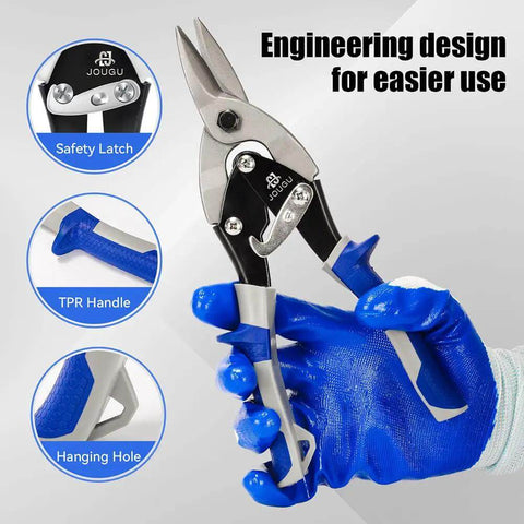 Heavy Duty Aviation Tin Snips For Sheet Metal, 10 Inch Straight Cut Shears In Chrome Vanadium Steel with Safety Latch and TPR Handle